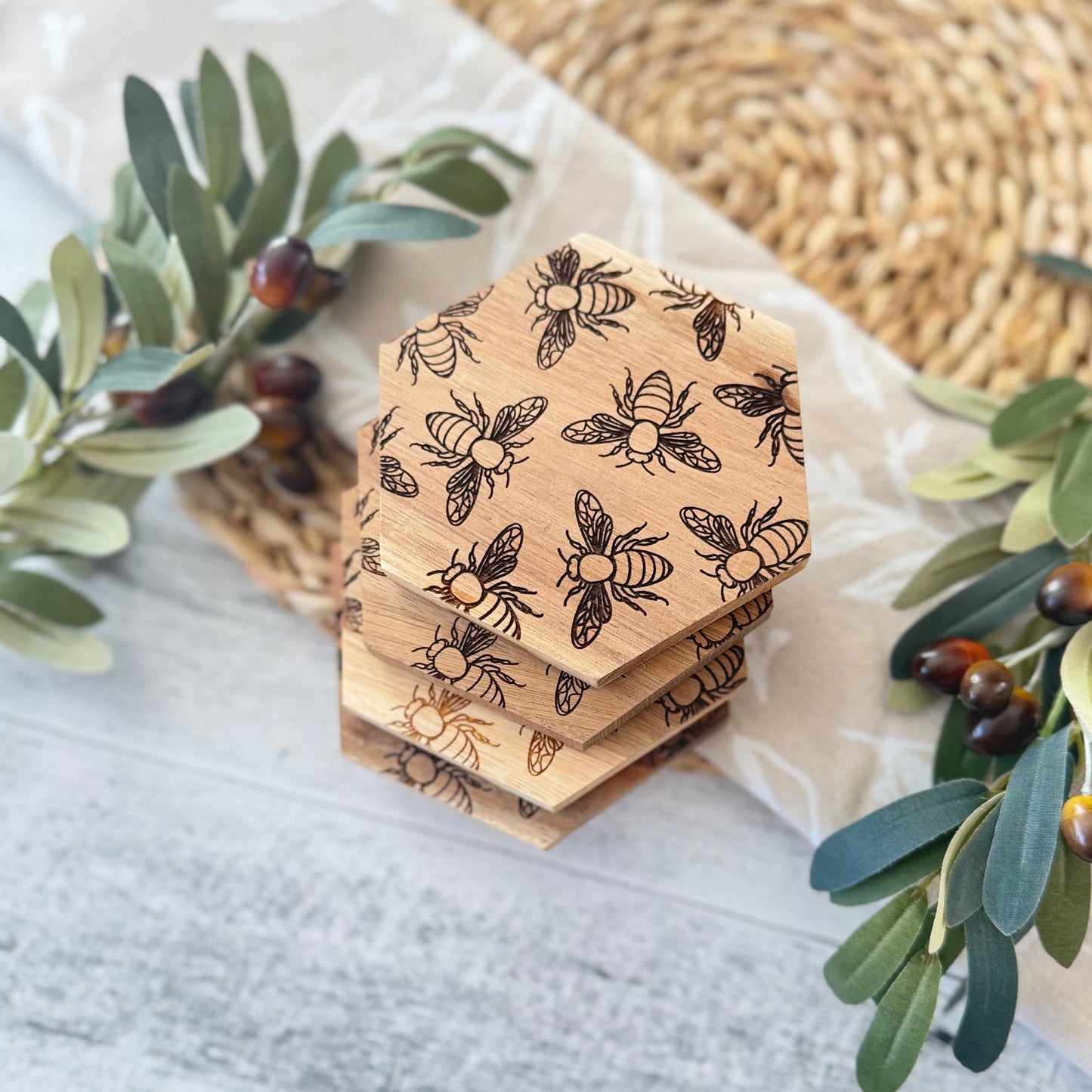 Bee Themed Engraved Wooden Acacia Coaster Set