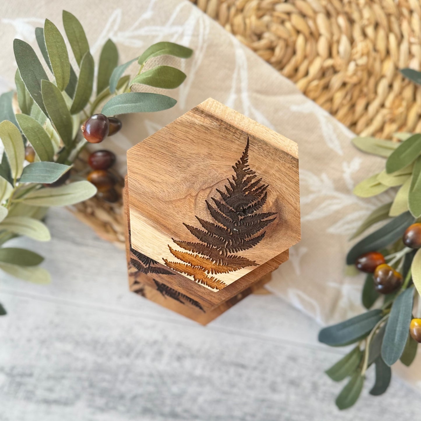 Fern Themed Engraved Wooden Acacia Coaster Set