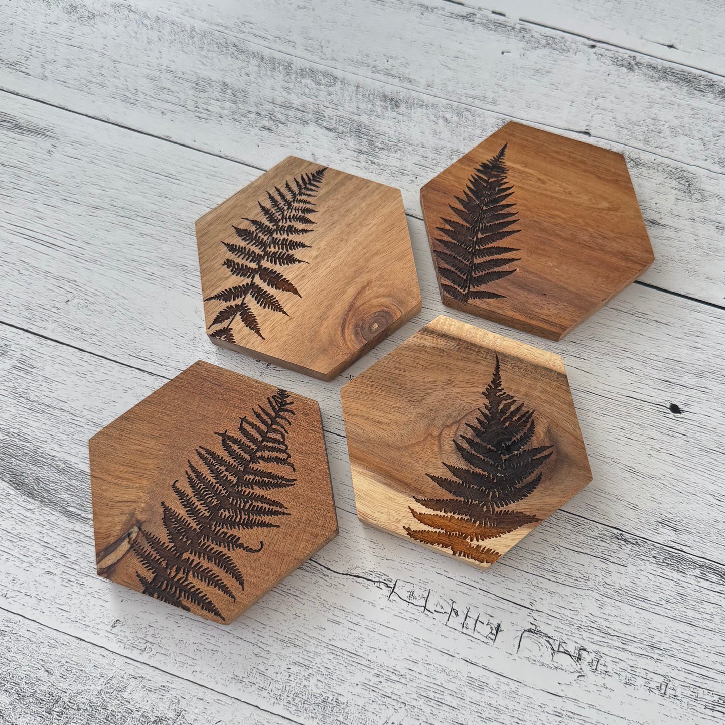 Fern Themed Engraved Wooden Acacia Coaster Set