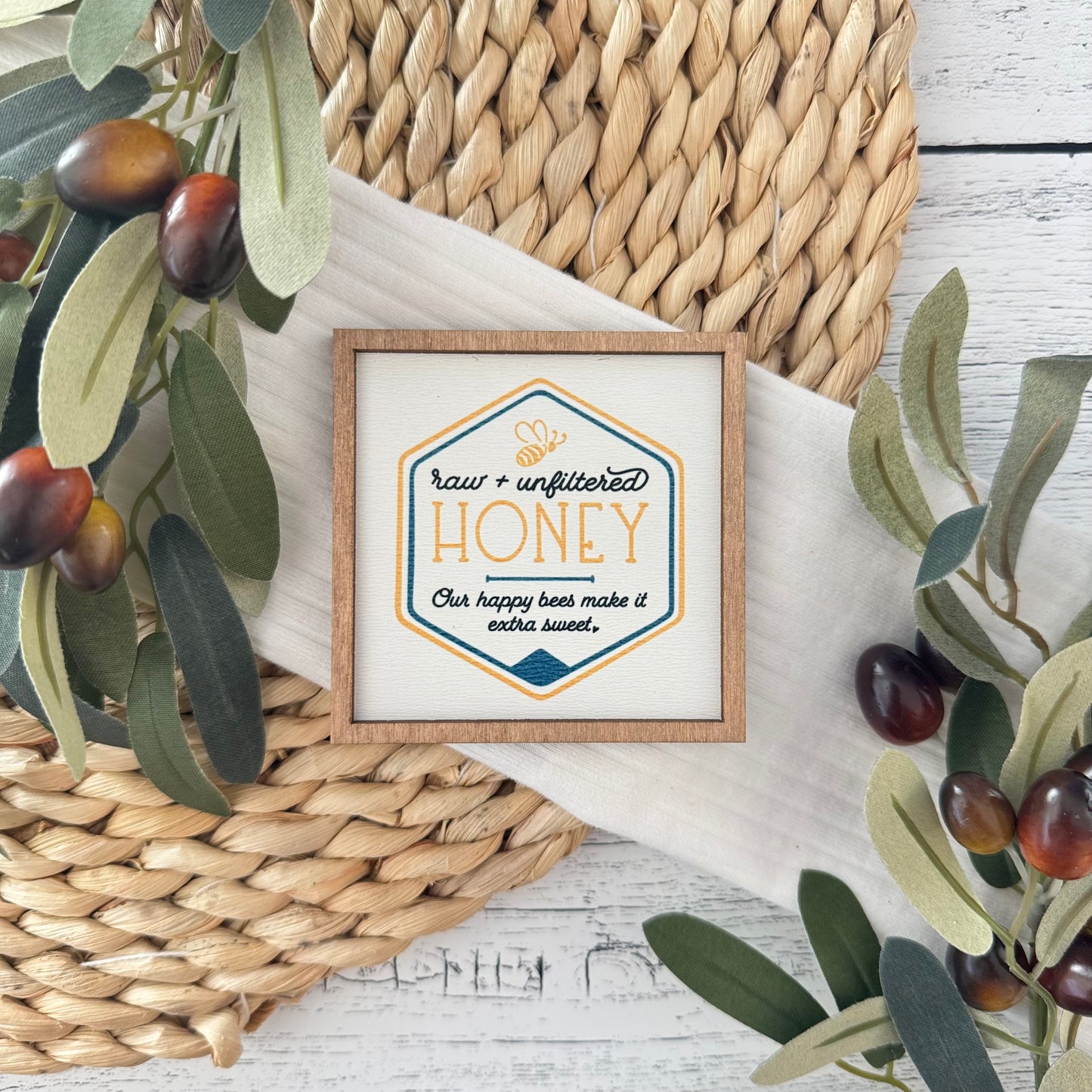 Mini Framed Bee & Honey Themed Sign | Raw-Unfiltered Honey Sign