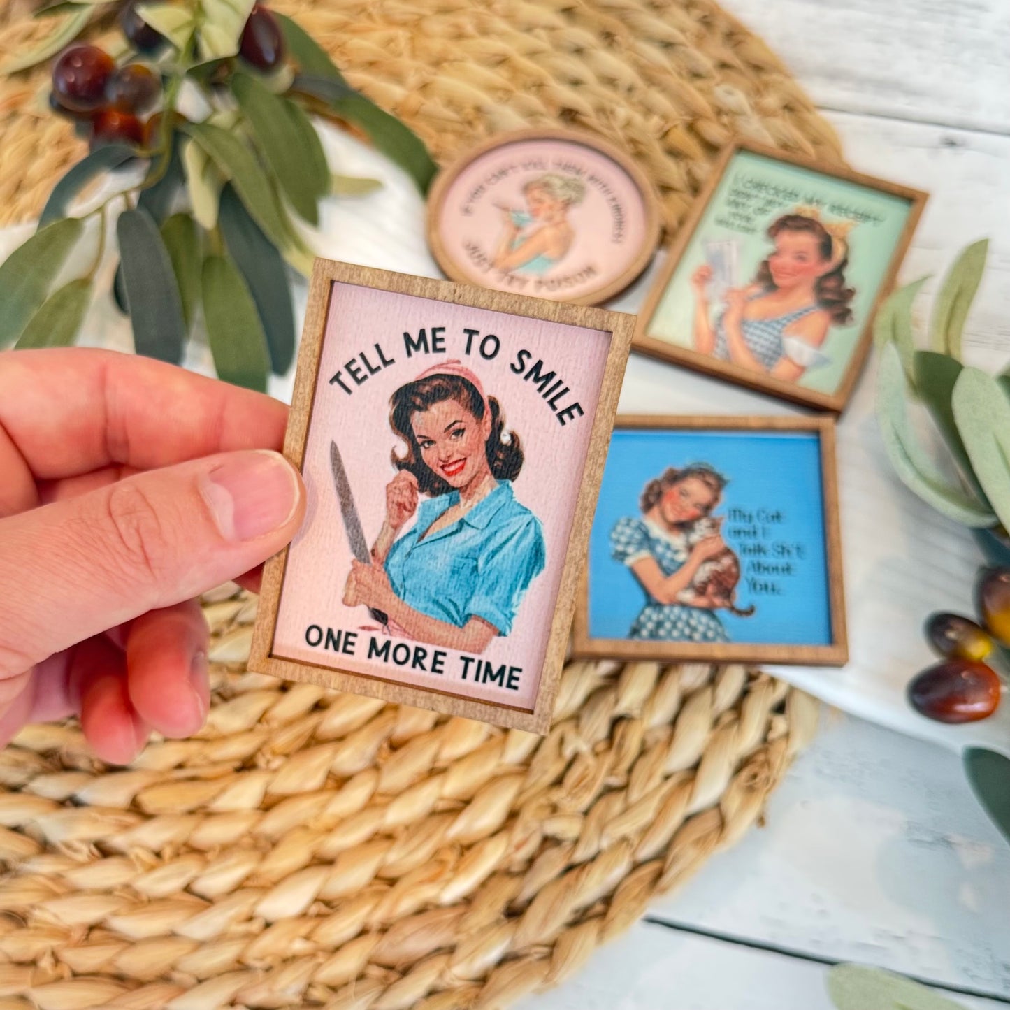 Funny Retro Housewife Refrigerator Magnets | Vintage Humor Wooden Magnets