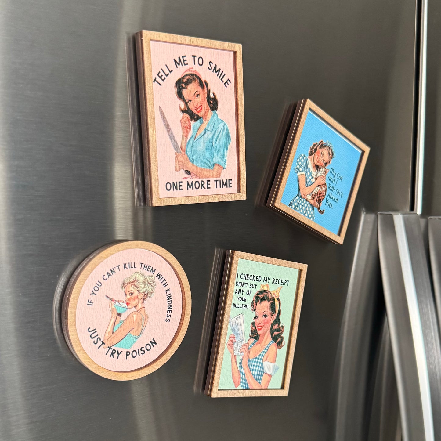 Funny Retro Housewife Refrigerator Magnets | Vintage Humor Wooden Magnets