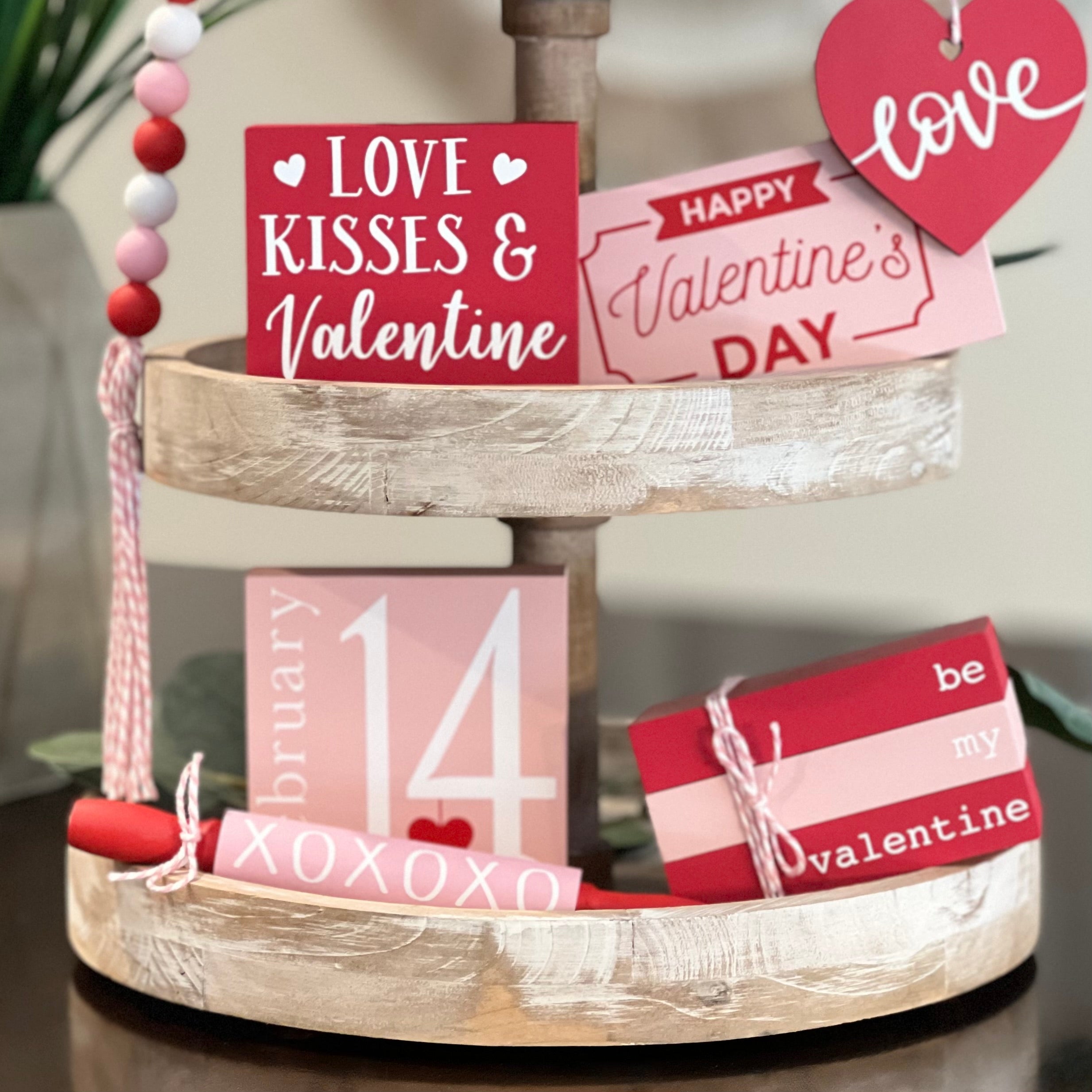 Valentines Day Tiered Tray Decor | Tiered Tray Bundle | Pink & White | Mini Sign good set | Home Decor | Bead Garland | Mini Rolling Pin| Pink